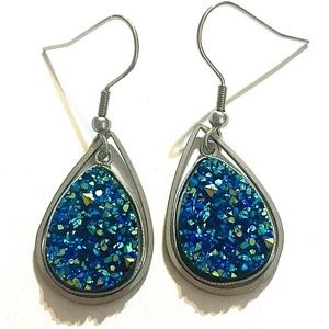 Iridescent Blue & Green Druzy Teardrop Dangle Earrings